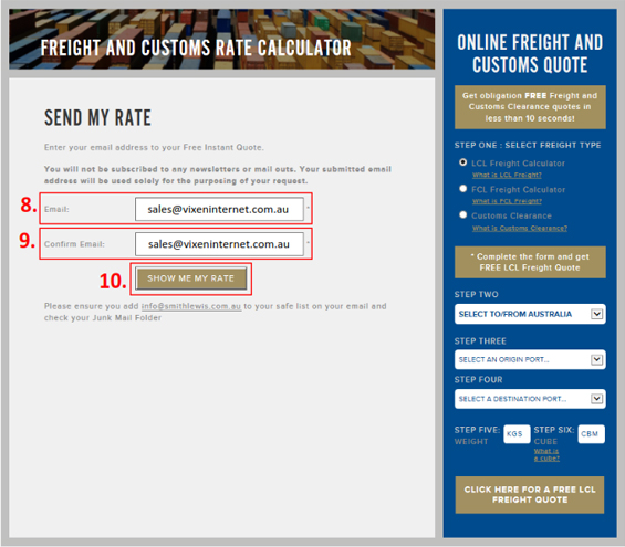 LCL Freight Calculator Steps 7 to 9